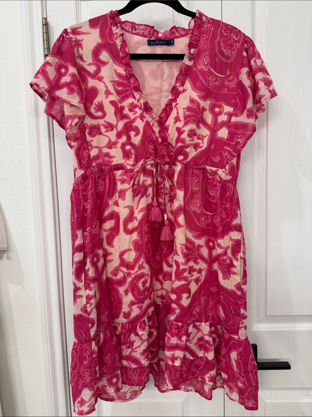 La Plage Pink Abstract Print Tassel Tie Boho Dress 100% Cotton Size S
